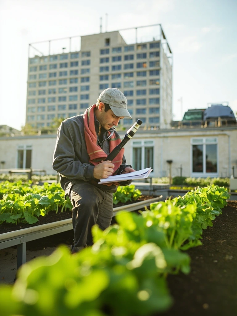 Ingénieure agronome UrbAgri inspectant un substrat sur un toit maraîcher parisien